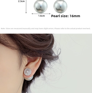 Detailed view of 16mm pearl earrings with dimensions and a model shot in profile