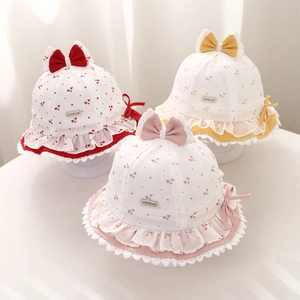 Baby Mädchen Sonnenhut Fischerhut Baumwollmischung Herzmuster Spitze Schleife Rüschenrand Sommer Atmungsaktiv Prinzessin Kappe