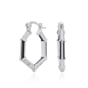 Elegant S925 sterling silver hexagonal hoop earrings with black stones and zircon