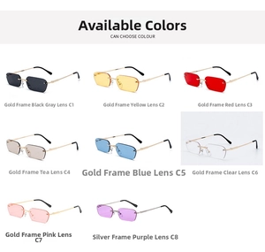 Matrix display of diamond-cut rimless rectangular sunglasses in eight vibrant lens colors