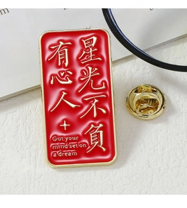 Detail of red enamel badge with gold plating and inspirational text for students