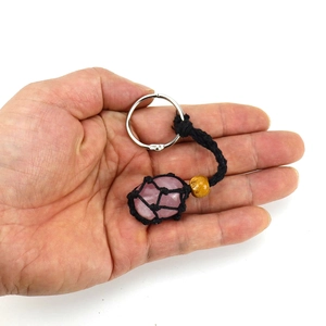 Natural raw pink crystal stone keychain with black mesh net bag and wooden bead decoration