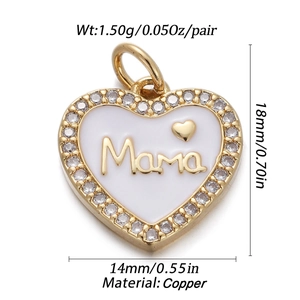 Detail showing dimensions of heart-shaped Mama pendant with crystals in gold finish