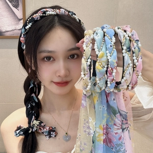 Floral chiffon headband with pearls and long ribbons in various colors for women