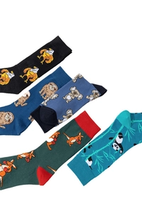 Detailed flat lay of cotton socks featuring animal patterns like pandas and koalas