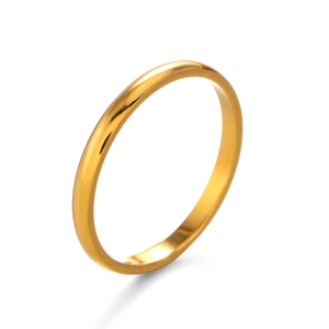 Minimalist gold stainless steel band ring with polished finish on white background