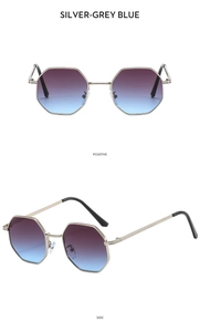 Octagonal silver metal sunglasses with purple-blue gradient lenses in front and side views