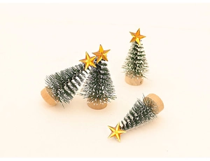 Set of four mini green snow-covered artificial Christmas trees with gold star and wooden base