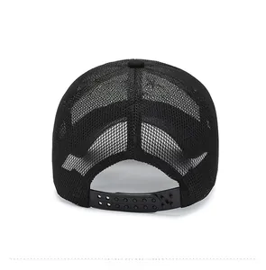 Detail view of the adjustable black snapback closure on a breathable mesh baseball cap