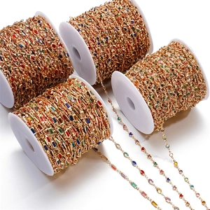 Detail of colorful crystal heart and rectangle chain link spools for DIY jewelry making