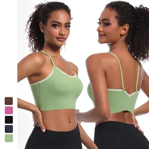 Damen Farbblock Sport BH Überkreuzter Rücken Dünne Träger Gequiltetes Yoga Top Laufen Fitness Gym Weste Nylon Spandex Activewear