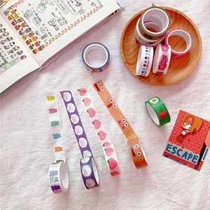 Close-up of cute cartoon washi tape set featuring bears and peaches for journaling
