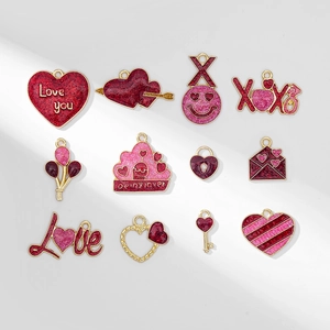 Valentine Day Alloy Enamel Charms Pendants Heart Love XOXO Letter Glitter For DIY Jewelry Making Necklace Earring