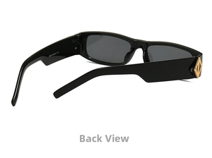 Detail view of rectangular sunglasses showing thick temples and gold diamond metal accents