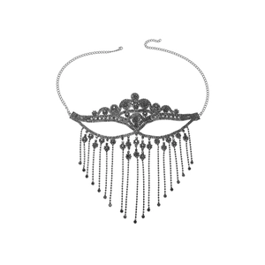 Sexy black rhinestone masquerade mask with tassels and intricate hollow metal design