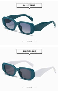Close-up of trendy square sunglasses with geometric temple design in dual color options