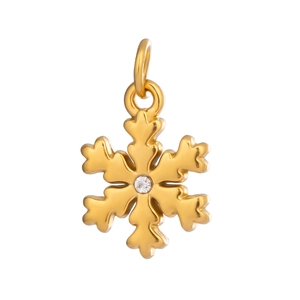 Detailed view of 18K gold stainless steel snowflake pendant with a clear gemstone