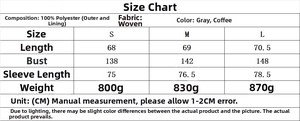 Size chart showing garment measurements for faux fur collar coat in gray and brown