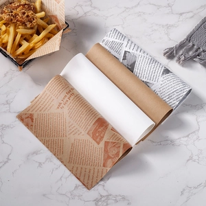 Greaseproof food wrapping paper set with newspaper print for burgers and fries