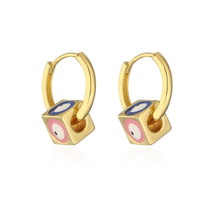Detail of 18K gold plated hoop earrings featuring colorful enamel evil eye cube charms