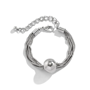 Detail of silver multi-strand chain necklace with a large polished ball pendant and clasp