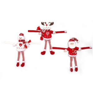 Three Christmas curtain buckles featuring Santa, snowman, and reindeer in red and white knit