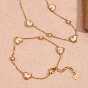 Elegant Stainless Steel 18K Gold Plated Heart Necklace Bracelet Jewelry Mother Of Pearl Rhinestone For Women Fashion Accessory