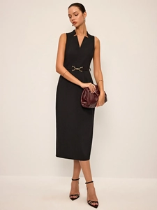 Abito Midi Elegante In Raso Senza Maniche Scollo A V Con Cintura Con Fibbia Metallica Slim Fit Formale Serata