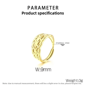 Detail of 9mm wide gold woven mesh stainless steel adjustable ring with specifications