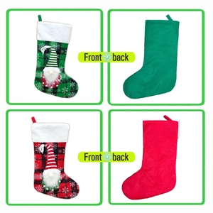Front and back views of red and green plaid Christmas stockings with gnome decorations