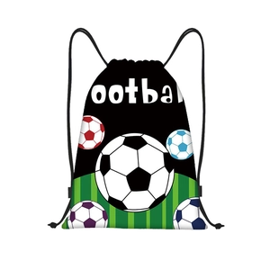 Detail of soccer themed drawstring backpack with football print and stadium grass pattern