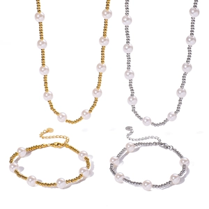 Titanium steel pearl bead necklace and bracelet jewelry set in gold and silver finish