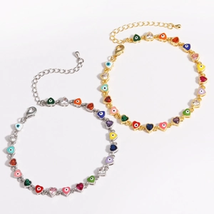 Bohemian heart evil eye bracelet set with colorful zircon in gold and silver finish