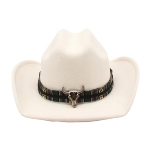 Detailed shot of white felt cowboy hat with ethnic woven band and silver bull skull charm