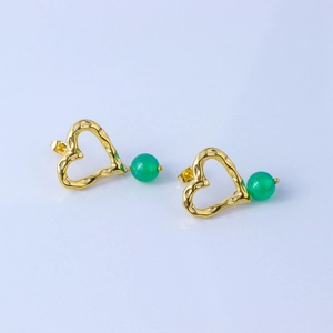 18K gold plated stainless steel heart earrings with green agate beads on blue background