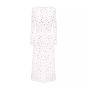 Elegant white slim fit long sleeve midi dress with vintage black floral print