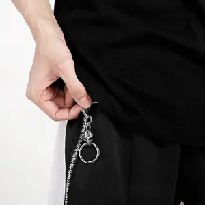 Silver skull keychain pendant with circular ring attached to a black zipper garment