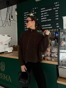 Schicker dunkelbrauner Strickpullover mit Halbreißverschluss und Rippbündchen