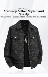 Detailed view of dark grey corduroy men's jacket with palm leaf prints and metal buttons
