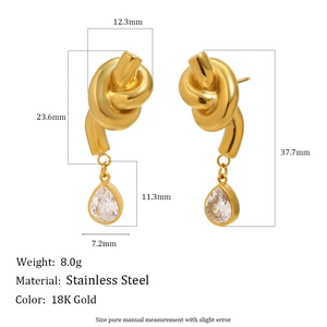 18K gold plated stainless steel knot earrings with water drop zircon and size specs