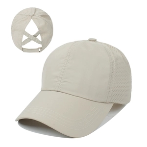 Beige quick-dry ponytail baseball cap with breathable mesh and elastic cross bands