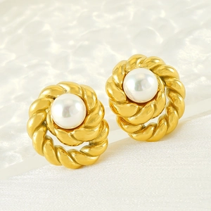 Vintage gold twisted rope stud earrings featuring round white pearls in a classic design