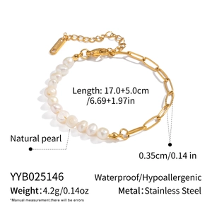Detail showing dimensions of natural pearl and stainless steel chain necklace