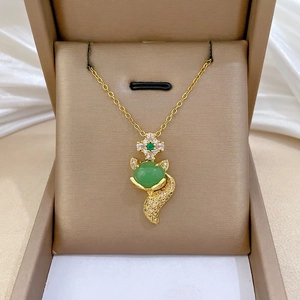 Elegant Fox Pendant Necklace Gold Plated Stainless Steel Green Faux Gemstone Copper Micro Pave Zircon Dainty Jewelry Women