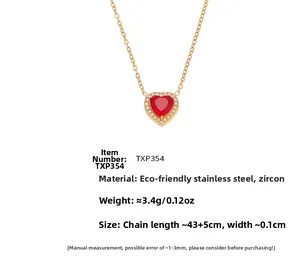 Detailed specs of gold stainless steel necklace with red zircon heart pendant
