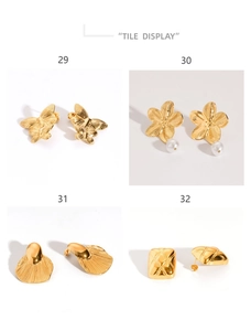 Detail of four gold 18K plated stainless steel earrings with floral and geometric motifs