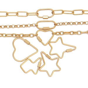 Detail of gold DIY jewelry carabiner connectors in heart, star, and oval shapes