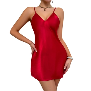 Elegant dark red satin V-neck mini slip dress with silky texture and slim fit design