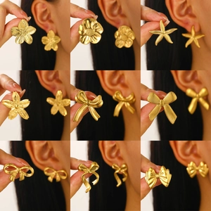 Stainless Steel Bow Flower Starfish Stud Earrings 18K Gold Plated Minimalist Geometric Earrings For Women Commuter Jewelry