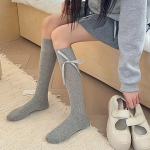 Japanese style grey ribbed calf socks with sweet silk ribbon bows and Mary Janes